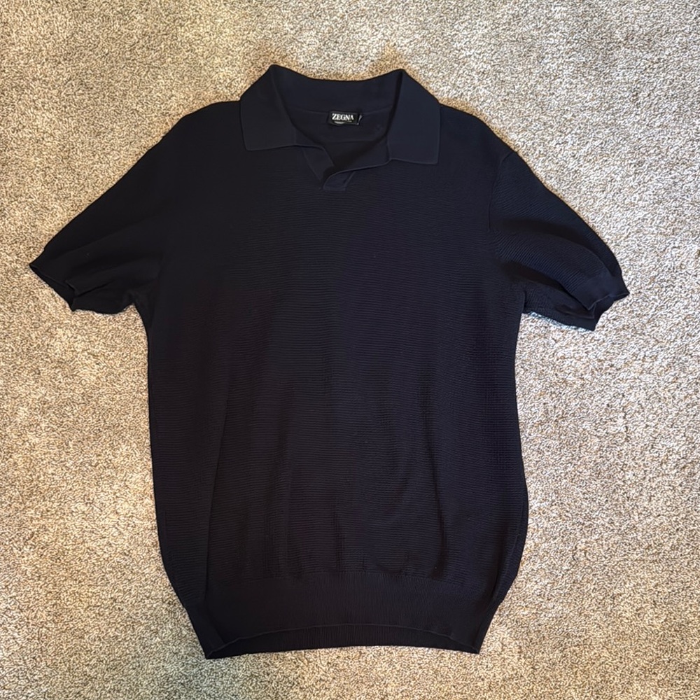 Zegna Premium Cotton Men’s Navy Polo Sweater